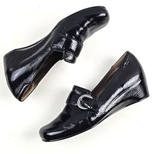 Josef Seibel Black Patent Leather Squared Toe Buckle Strap Slip On Wedge Loafer